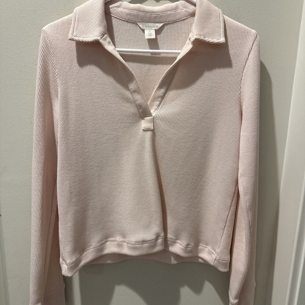 Caslon Waffle Polo Cropped Long Sleeve Light Pink Size Small